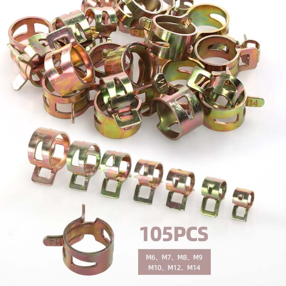 105Pcs Double Ear Spring Steel Hose Clamps Assortment Kit, 7 Sizes M6M14 Fuel Line Pipe Clips, Rust Resistant Sealing Hose Clamps for Fuel Lines, Water Pipes