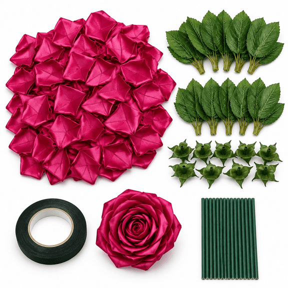105Pcs Premade Satin Ribbon Rose Petals Kit Half-Finished Complete Set for Eternal Rose Ramos Forever Flowers Bouquets (Need Assembly) for Wedding,Anniversary,Birthday Valentine's Day