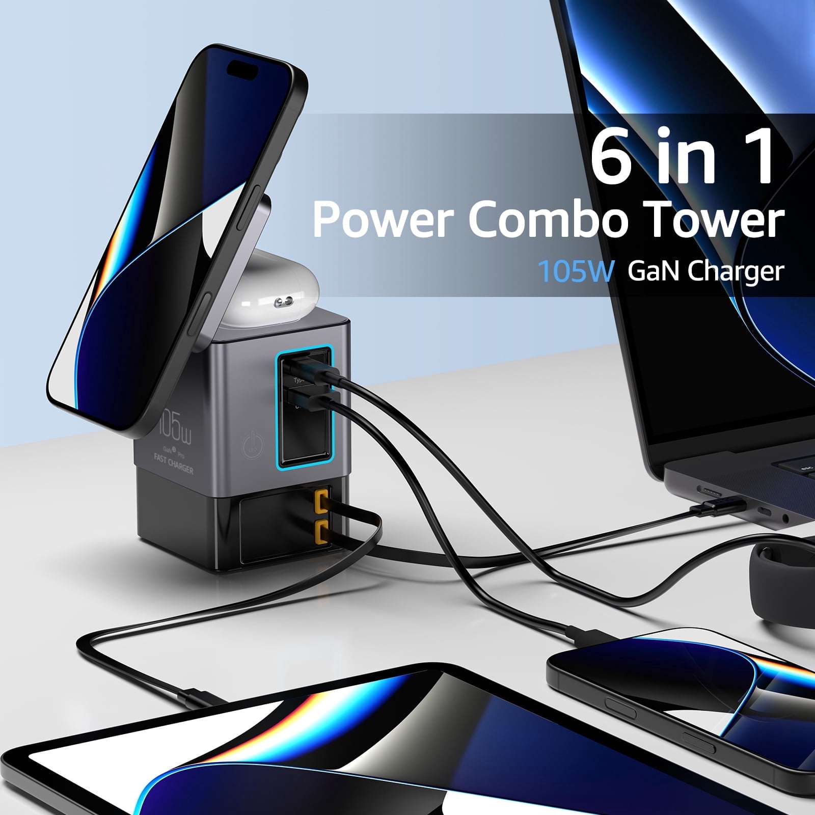 105W Black 6-in-1 GaNFast™ Charging Station Total Output, 15W MagSafe Wireless Charger, PD65W Retractable Type-C Cable, PD20W Retractable Lightning Cable, PD18W USB-A Port, AirPods Wireless Charger