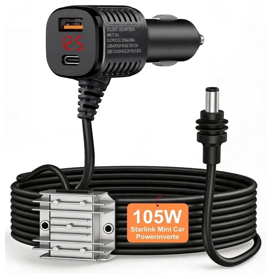 105W Boost Starlink Mini Car Adapter. 3 in 1 Stops Reboots & Power Supply Damaged Star link Mini Cable+Cigarette Lighter Adapter 12V-24V with DC Power Cable for Car, Rvs, and Boats