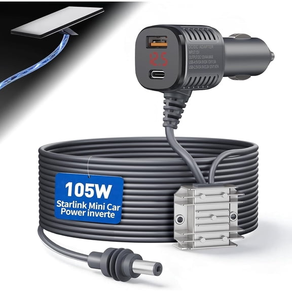 105W Boost Starlink Mini Car Adapter—Stops Reboots & Power Supply Damaged Starlink Mini Cable+Cigarette Lighter Adapter 12V-24V with Digital Display DC Power Cable for Car, Rvs, and Boats (16.4FT)