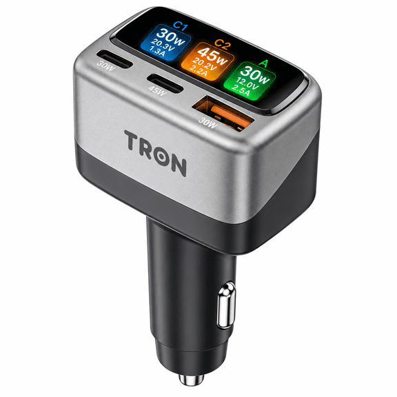 TRON 105W 3-Port Car Charger with Smart TFT Display, 2 USB-C + USB-A Fast Charging, 12V/24V, Gray & Black