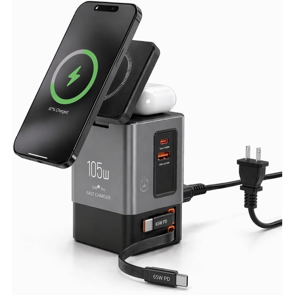105W Station with Retractable Cables, 6-in-1 GaN Retractable Charger with Wall Plug, MagSafe Compatible Pad, USB-C for , AirPods, MacBook