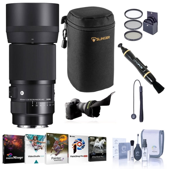 Sigma 105mm f/2.8 DG DN ART Macro Lens for L Mount, Bundle with ProOptic 62mm Filter Kit, Mac Software Suite, Flex Lens Shade, Pouch, Cleaning Kit, Lens Cap Tether, Lens Cleaner