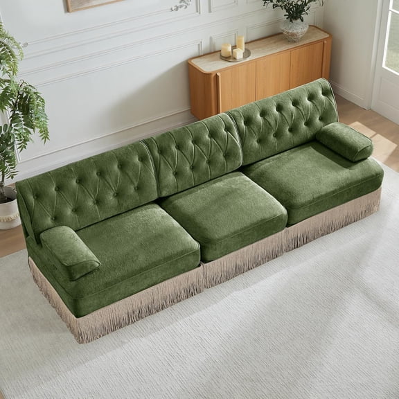 106.1'' Modular Sectional Sofa, Chesterfield Velvet Cloud Couch, Upholstered 3-Seater Sofa with Button Tufted, Tassel Fringe Skirt, Deep Couches for Living Room, Bedroom, Apartment, Green