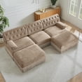 thumbnail image 1 of 106.1'' Modular Sectional Sofa, Chesterfield Velvet U-Shaped Couch, Upholstered 3-Seater Sofa with 2 Ottomans, Button Tufted, Tassel Fringe Skirt, Deep Couches for Living Room, Bedroom, Camel, 1 of 11