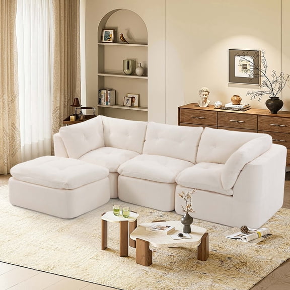 106.29" Sectional Sofa, 3 Seater Modular Sectional Floor Sofa with Ottoman, Chenille Cloud Couch for Living Room, Deep Seat Sofa, Beige