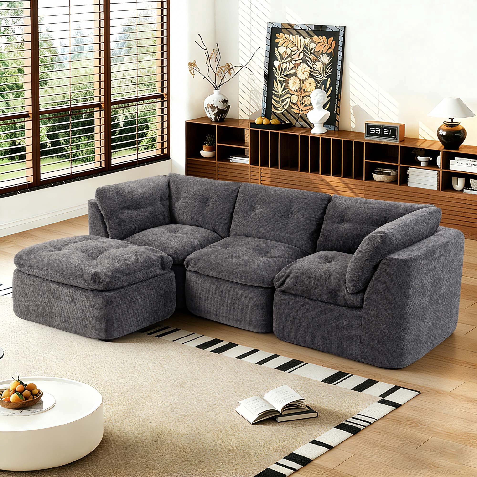 106.29" Sectional Sofa, 3 Seater Modular Sectional Floor Sofa with Ottoman, Chenille Cloud Couch for Living Room, Deep Seat Sofa, Gray