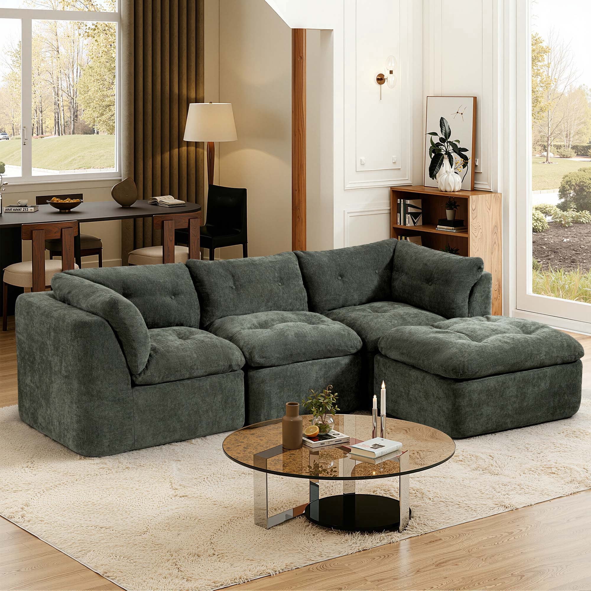 106.29" Sectional Sofa, 3 Seater Modular Sectional Floor Sofa with Ottoman, Chenille Cloud Couch for Living Room, Deep Seat Sofa, Green