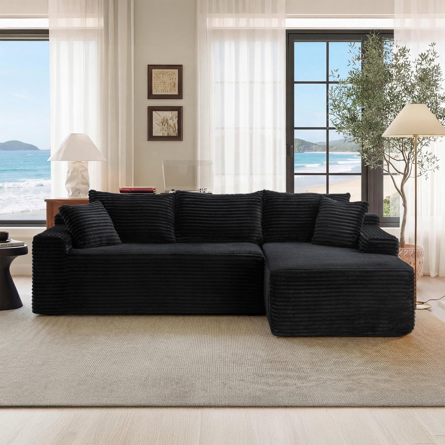 106.3 Inch Cloud Modular Sectional Sofa Couch with L-Shape Chaise, Deep Seat Corner Couch with Reversible Chaise Lounge for Living Room No Assembly, Black