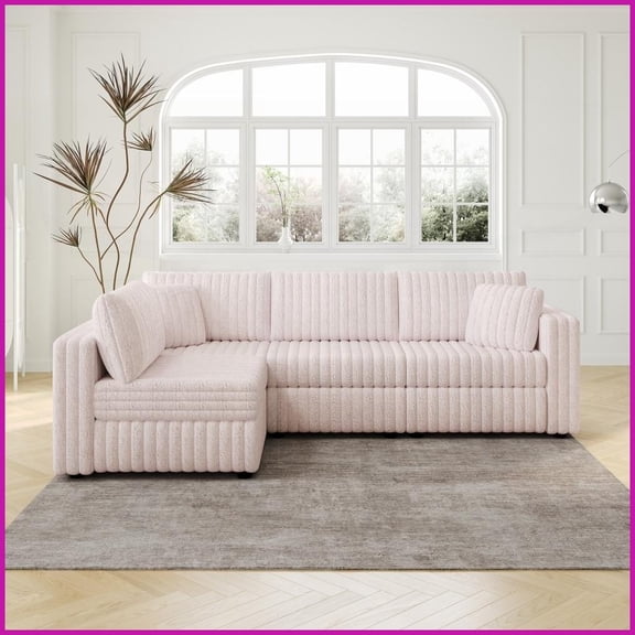 106.3" Modern Light Pink L-Shaped 4-Person Sofa - Plush Imitation Rabbit Fabric, Detachable Washable for Living Room/Bedroom