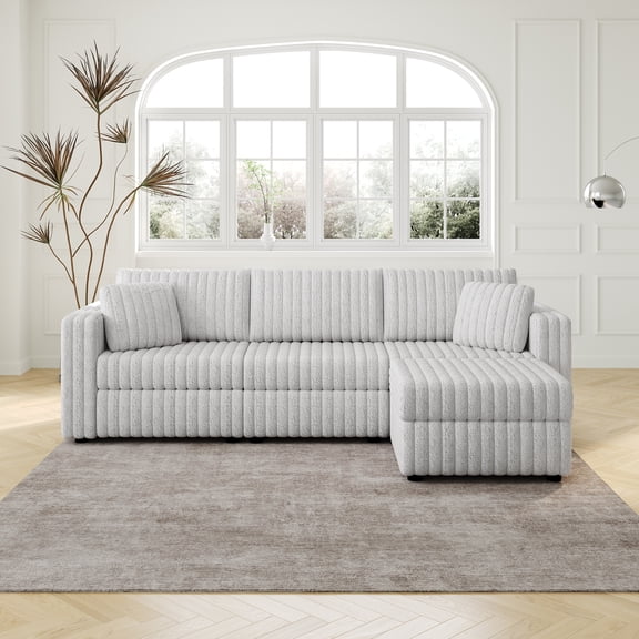 106.3" Soft 3-Person Sofa. Matches 30.7" Ottoman with Hydraulic Lift. Comfortable & Stylish. For Bedroom & Living Room. Light Gray. Modern Furniture. Modular Design.