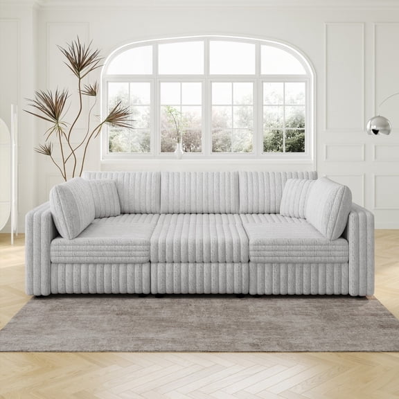 Modern 220" Soft U-shaped 6-Person Sofa with Hydraulic Lift. Light Gray Fabric.