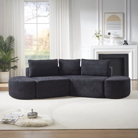 106.3" Black Chenille Modular Sofa, 3-Seat V-Shaped Sectional Couch with Throw Pillows & Ottoman