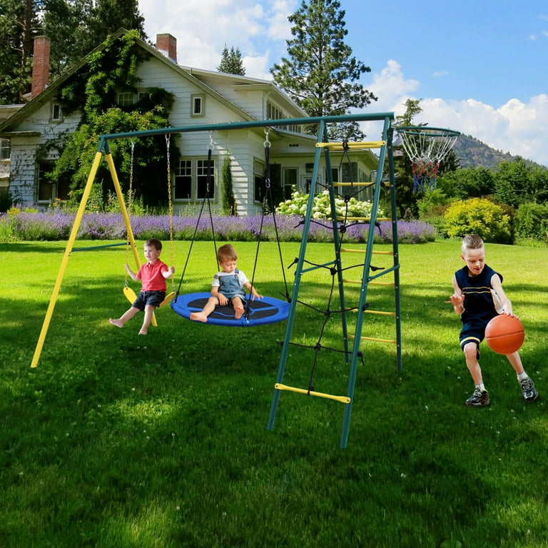 Kids Metal Swing Set, Outdoor 5-in-1 Heavy Duty Playground