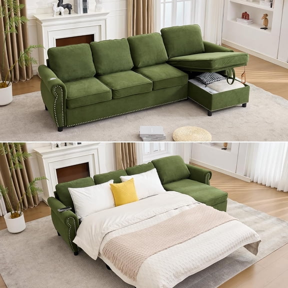 106.5'' Sectional Sleeper Sofa Bed Full, Comfy L Shaped Couches with Mattress, Flannel 4 Seater Sofa, Modern Pull Out Couch, Wireless Charging, Storage Chaise for Living Room, Apartment, Green