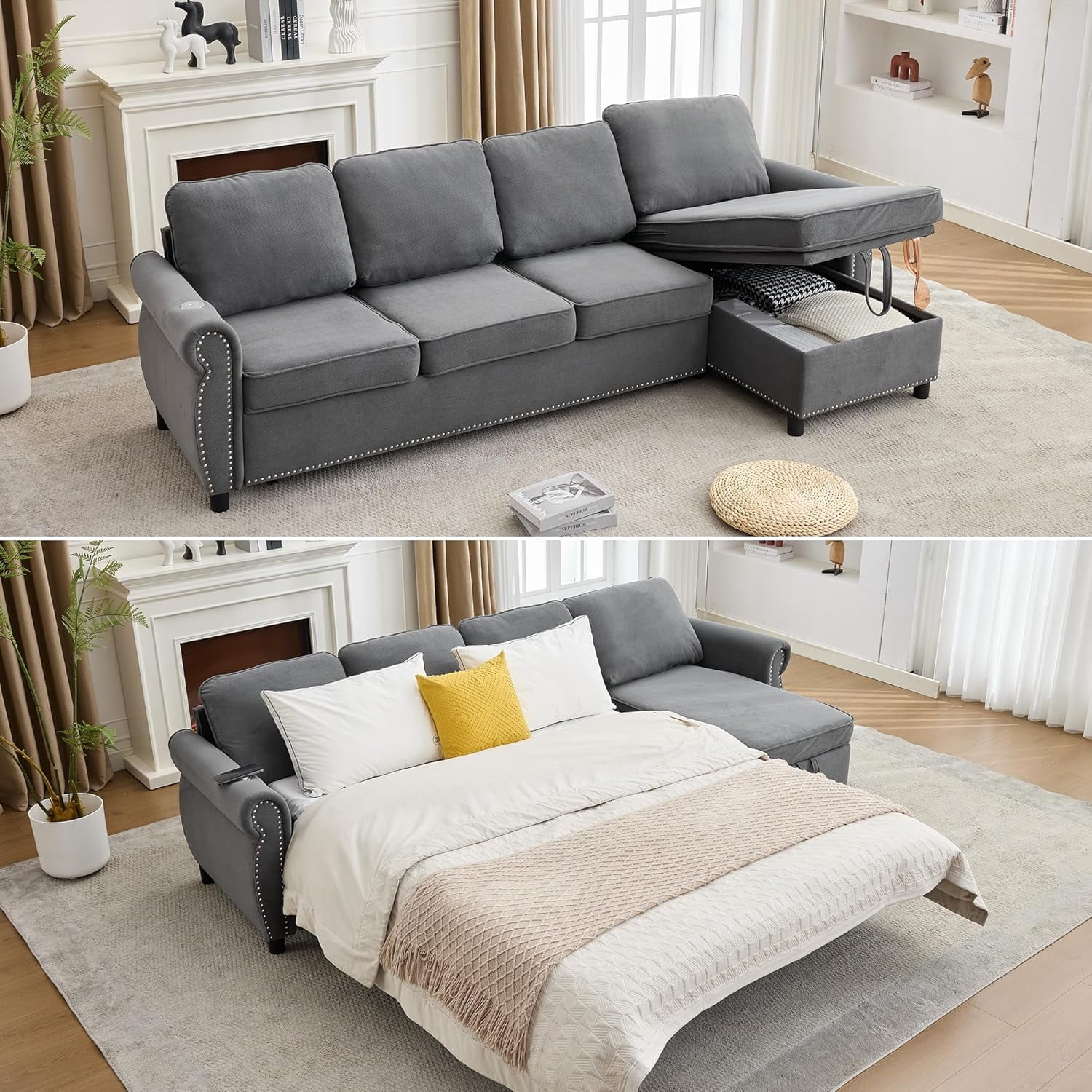 106.5'' Sectional Sleeper Sofa Bed Full, Comfy L Shaped Couches with Mattress, Flannel 4 Seater Sofa, Modern Pull Out Couch, Wireless Charging, Storage Chaise for Living Room, Apartment, Grey
