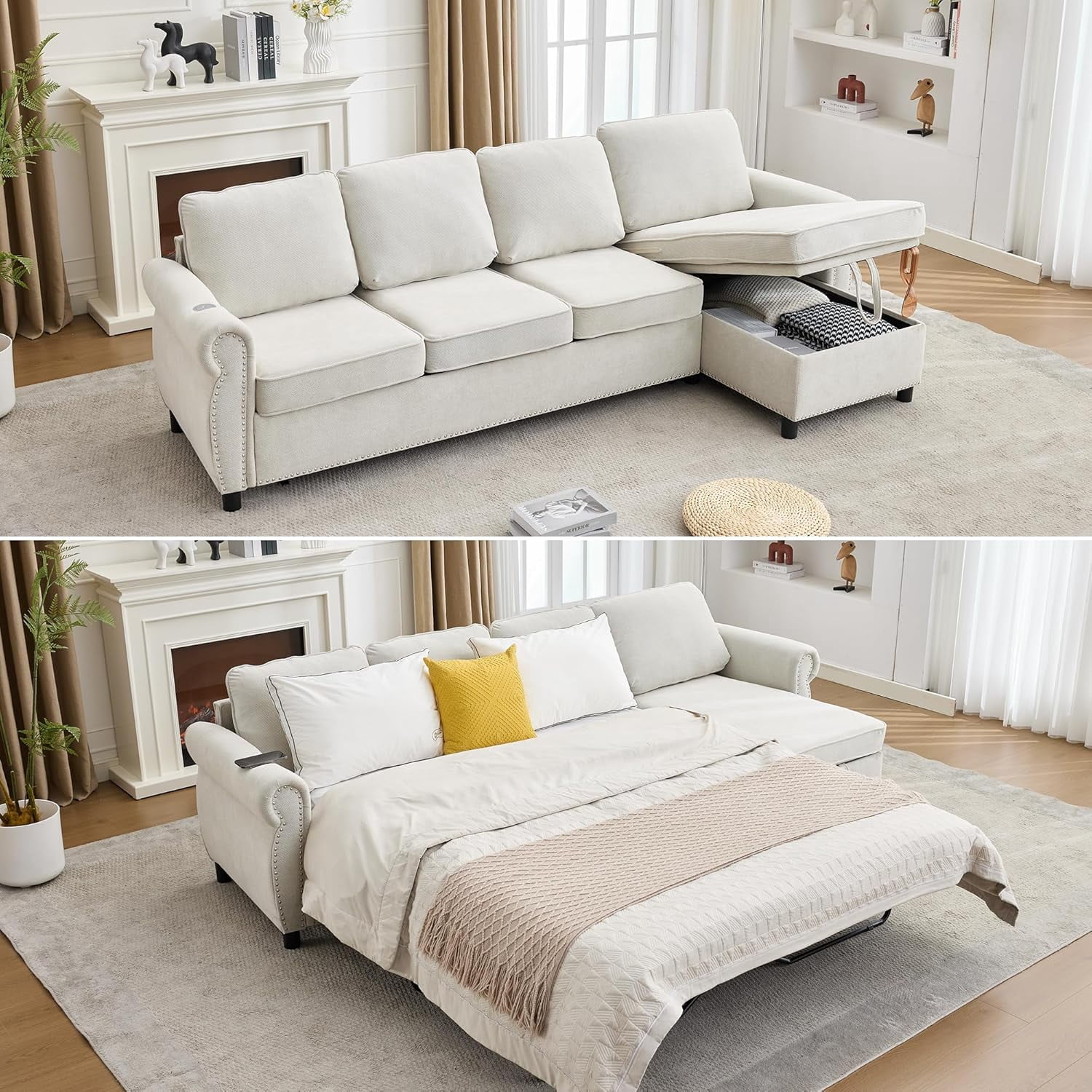 106.5'' Sectional Sleeper Sofa Bed Full, Comfy L Shaped Couches with Mattress, Flannel 4 Seater Sofa, Modern Pull Out Couch, Wireless Charging, Storage Chaise for Living Room, Apartment, Beige