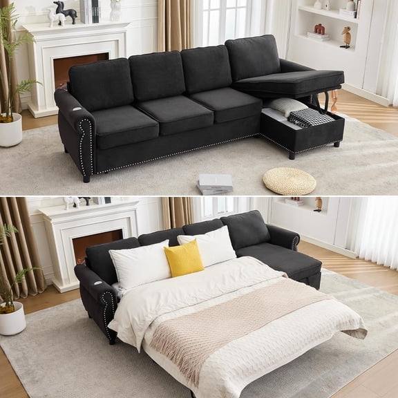 106.5'' Sectional Sleeper Sofa Bed Full, Comfy L Shaped Couches with Mattress, Flannel 4 Seater Sofa, Modern Pull Out Couch, Wireless Charging, Storage Chaise for Living Room, Apartment, Black