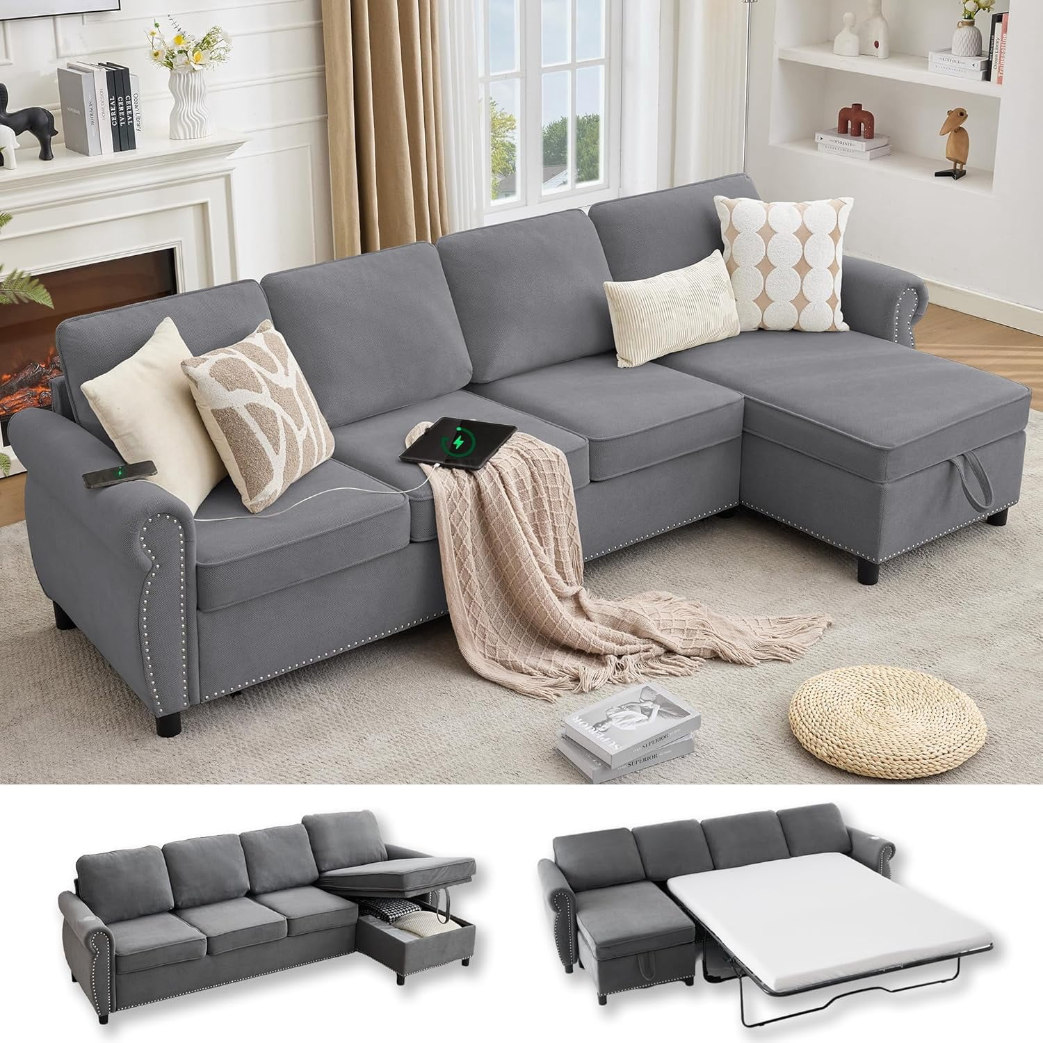 106.5'' Sectional Sofa Bed Full, Sleeper Sofa Bed, Flannel L-Shaped Couch with Mattress, Convertible Pull Out Couch, Wireless Charging, USB, Storage Chaise for Living Room, Small Space, Grey