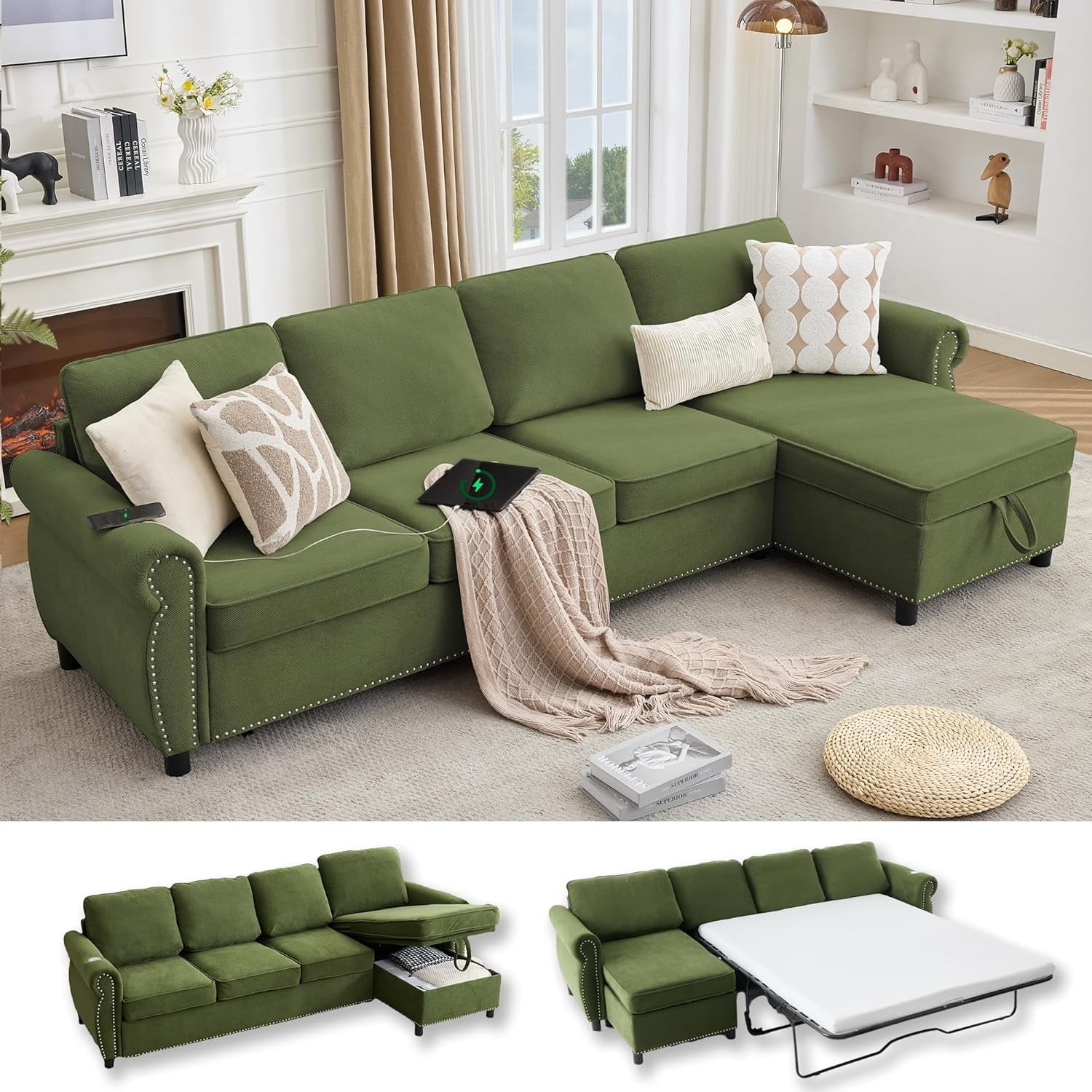 106.5'' Sectional Sofa Bed Full, Sleeper Sofa Bed, Flannel L-Shaped Couch with Mattress, Convertible Pull Out Couch, Wireless Charging, USB, Storage Chaise for Living Room, Small Space, Green