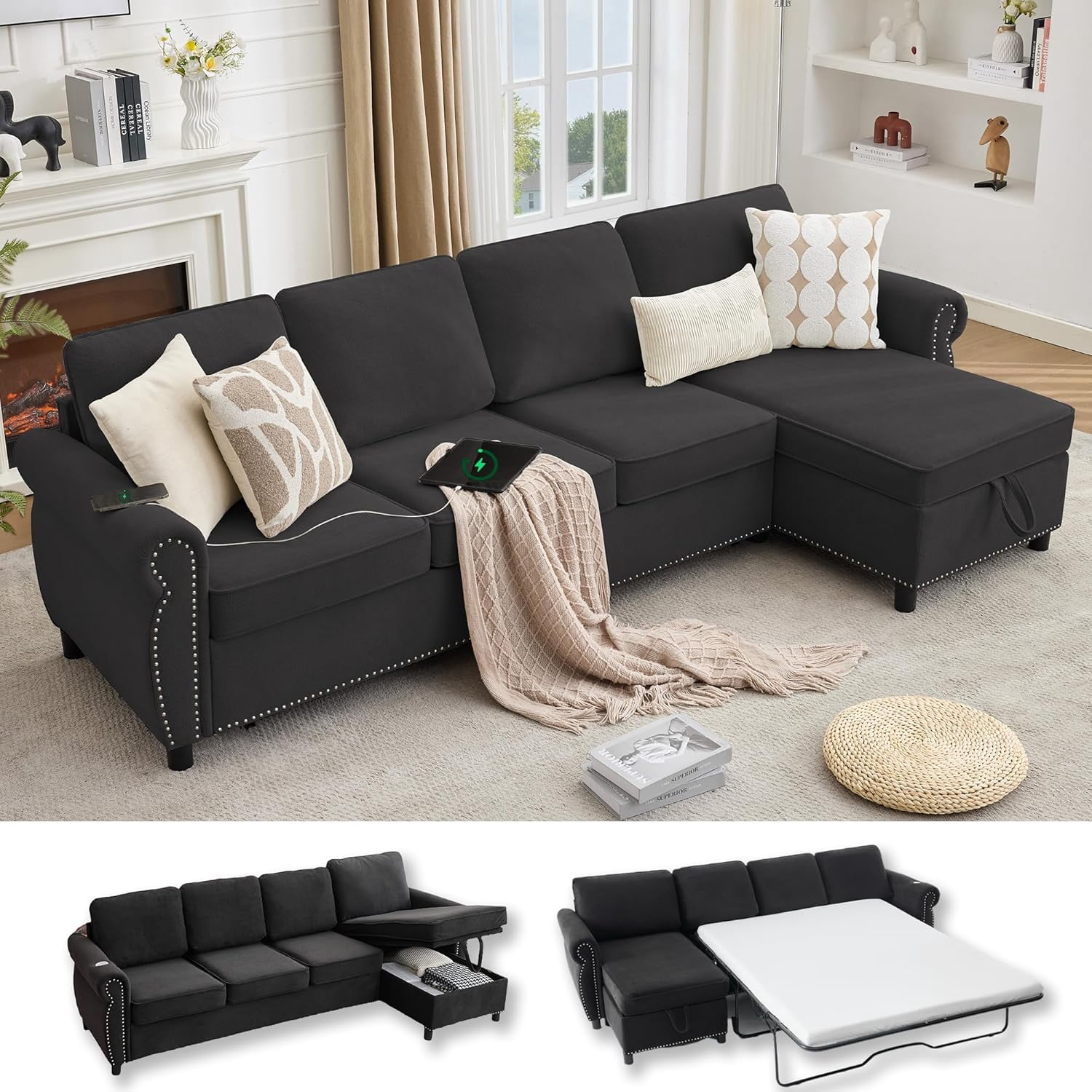 106.5'' Sectional Sofa Bed Full, Sleeper Sofa Bed, Flannel L-Shaped Couch with Mattress, Convertible Pull Out Couch, Wireless Charging, USB, Storage Chaise for Living Room, Small Space, Black