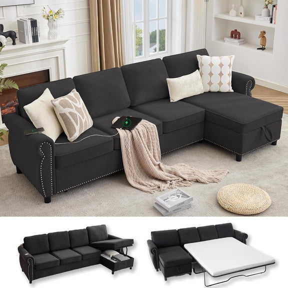 106.5'' Sectional Sofa Bed Full, Sleeper Sofa Bed, Flannel L-Shaped Couch with Mattress, Convertible Pull Out Couch, Wireless Charging, USB, Storage Chaise for Living Room, Small Space, Black