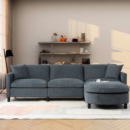 106.53" Sectional With Movable , Comfortable Seat, Dark Gray, Plastic + Birch Legs Couch Removable Back Cushions, Fabric Cover, Gray
