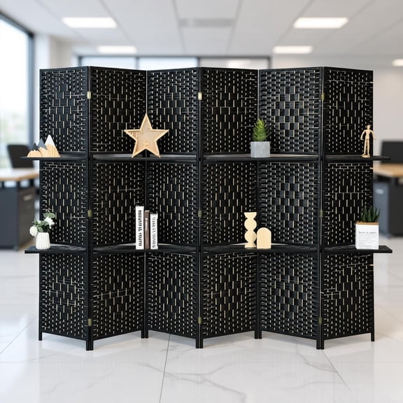 106.5in Wide Foldable Room Divider Screen with 2 Storage Shelves Hand Woven Fiber Poplar Wood Frame Black 71in Height Freestanding Privacy Partition for Living Room Bedroom Office Studio