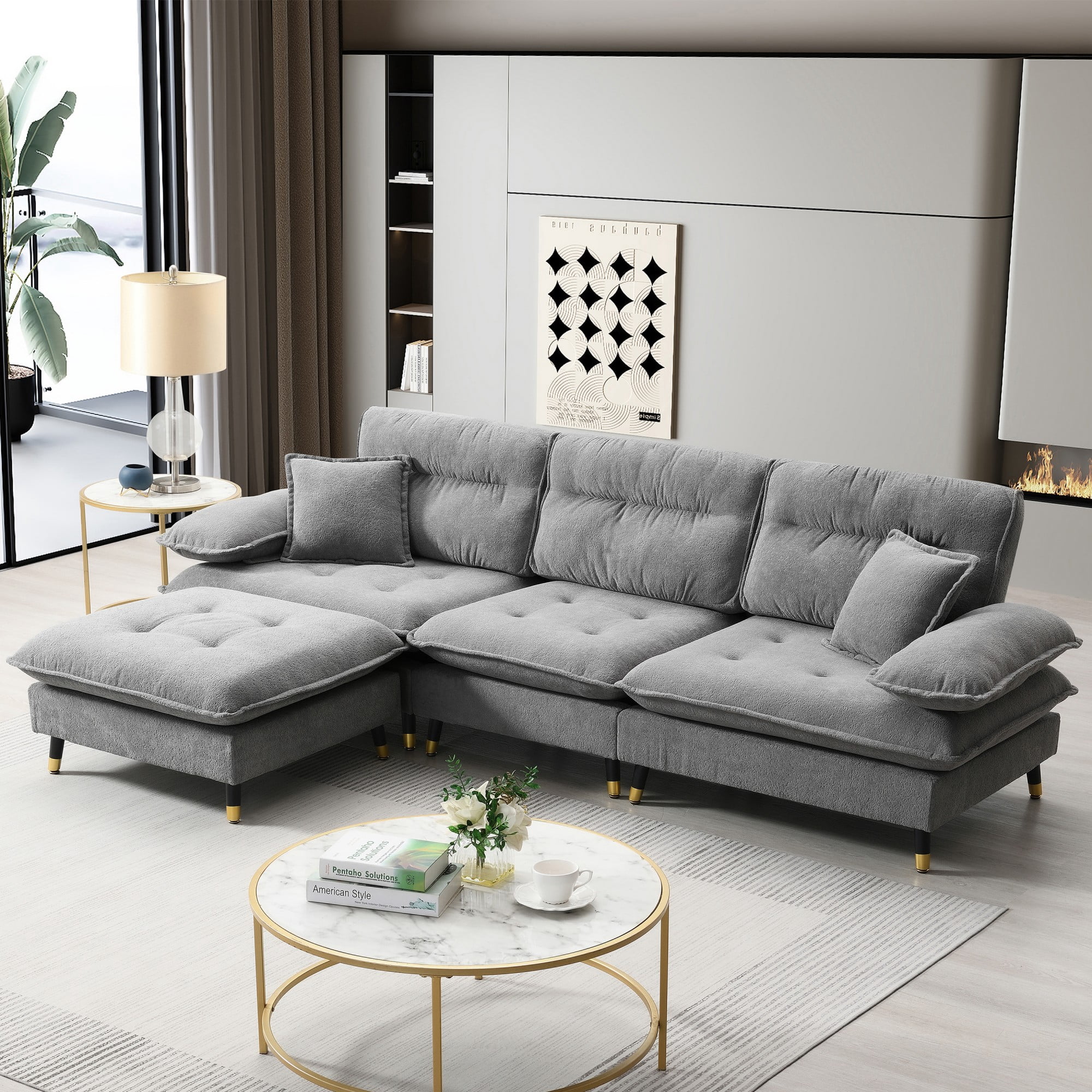 106*66.5" L shaped Convertible Sectional Sofa, 4 Seat Tufted Couch Set ...