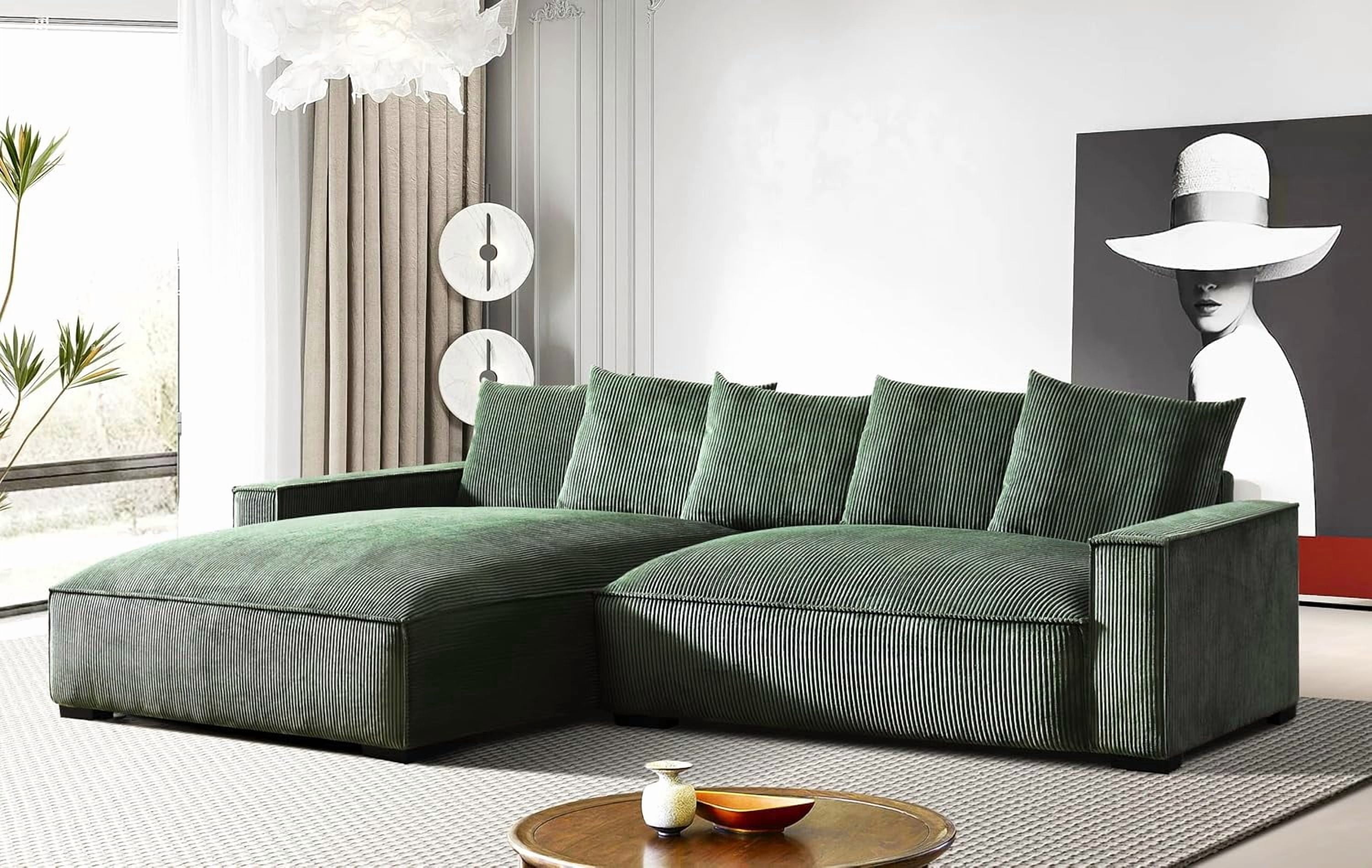 106.7-Inch L Shaped Loveseat and Chaise, Luxe Large Two-Piece Right Facing Sectional Sofa for Living Room,Upholstered with Corduroy Fabric, Left Facing Dark Green