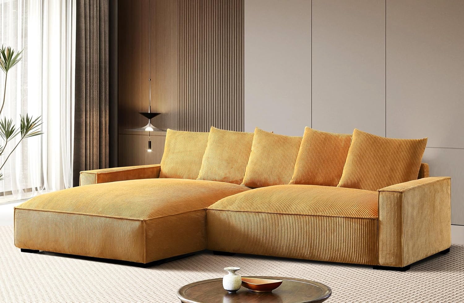 106.7-Inch L Shaped Loveseat and Chaise, Luxe Large Two-Piece Right Facing Sectional Sofa for Living Room,Upholstered with Corduroy Fabric, Left Facing, Ginger