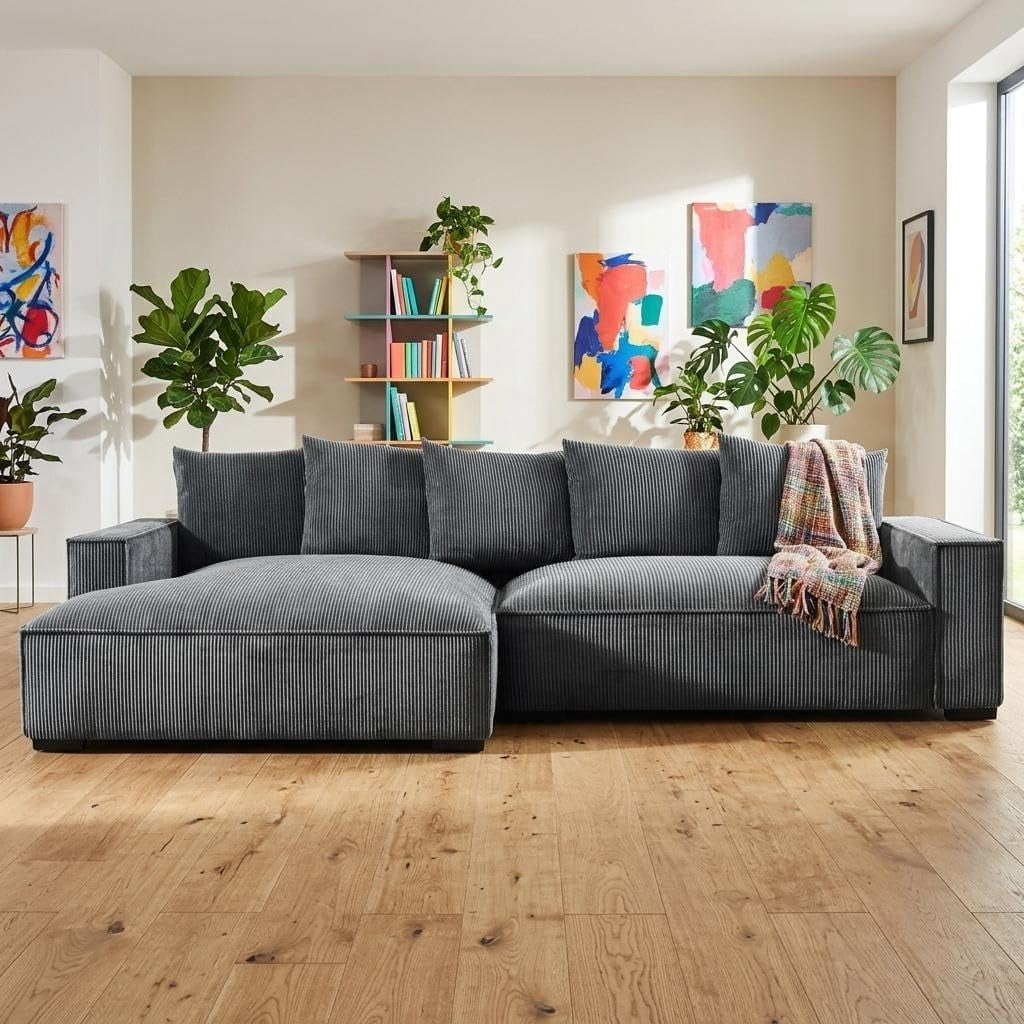 106.7-Inch L Shaped Loveseat and Chaise, Luxe Large Two-Piece Right Facing Sectional Sofa for Living Room,Upholstered with Corduroy Fabric, Left Facing, Gray