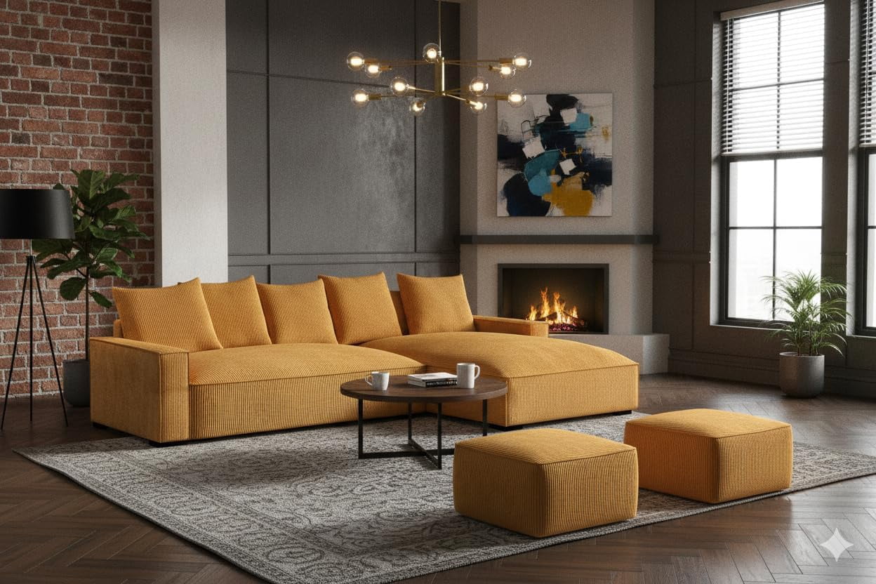 106.7-Inch L Shaped Loveseat and Chaise, Luxe Large Two-Piece Right Facing Sectional Sofa for Living Room,Upholstered with Corduroy Fabric, Right Facing, Ginger