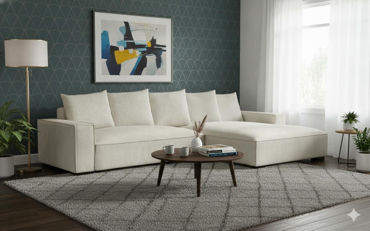 106.7-Inch L Shaped Loveseat and Chaise, Luxe Large Two-Piece Right Facing Sectional Sofa for Living Room,Upholstered with Corduroy Fabric, Right Facing, Ivory