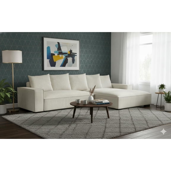 106.7-Inch L Shaped Loveseat and Chaise, Luxe Large Two-Piece Right Facing Sectional Sofa for Living Room,Upholstered with Corduroy Fabric, Right Facing, Ivory