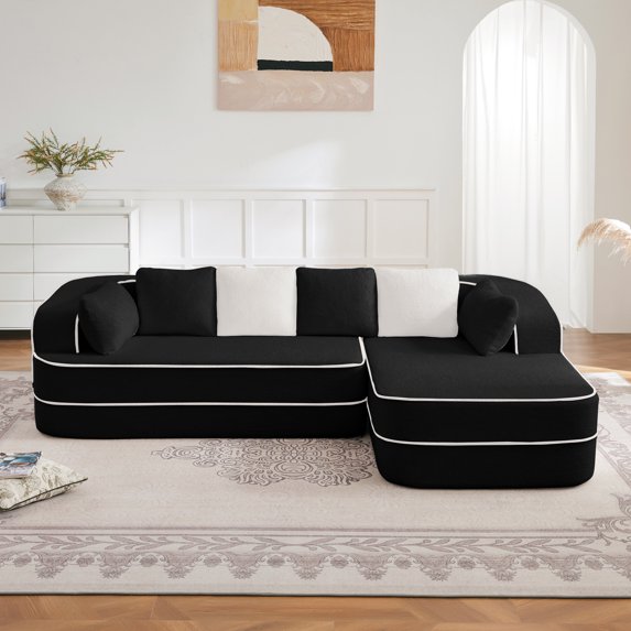 106" Black Teddy Fabric L-Shaped Sectional Sofa: No Assembly Cloud Comfy Couch, 32D Sponge, Ergonomic Chaise for Living Room Relaxation