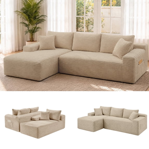 106" Boneless Sectional Sofa with Left Facing Chaise, Deep Seat Corduroy L-Shaped Couch for Living Room, No Assembly Required, Camel