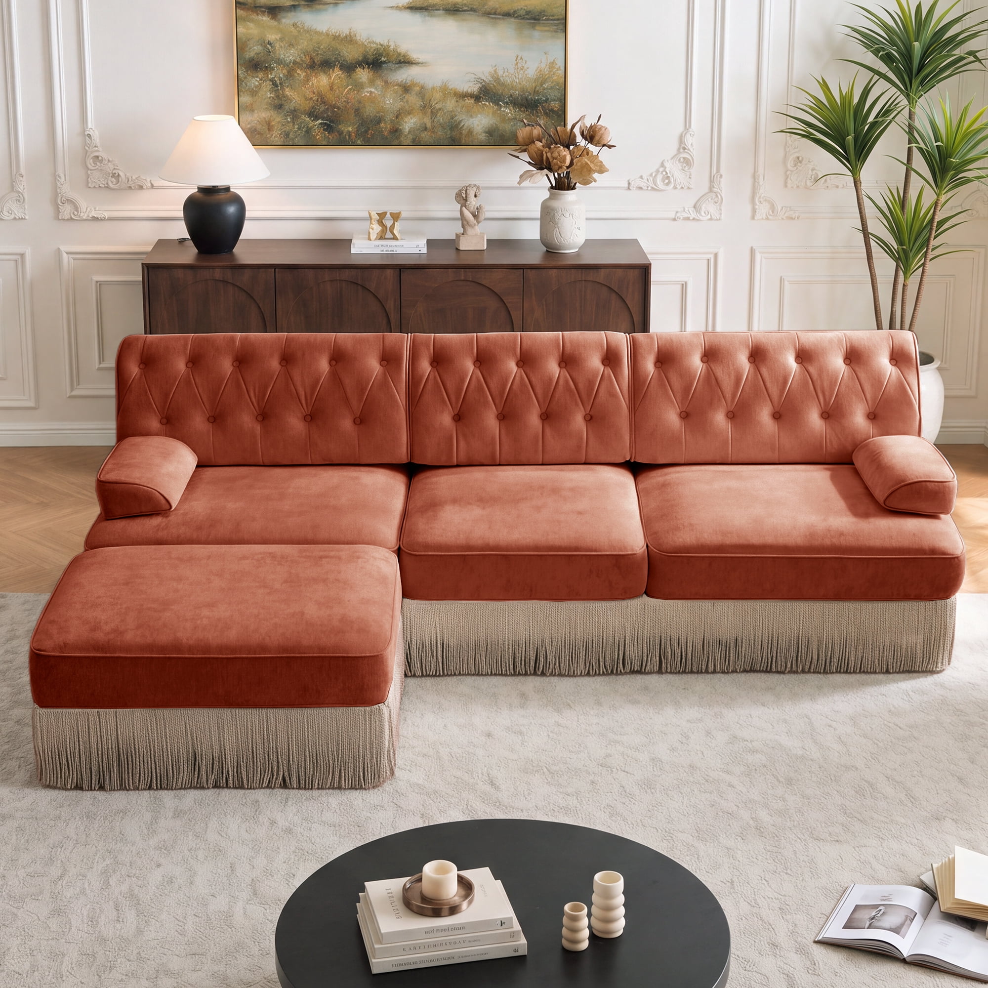 106" Chesterfield 3 Seater L-Shaped Modular Sectional Sofa Set with Ottoman and Tassel Skirt, Easy to Assemble