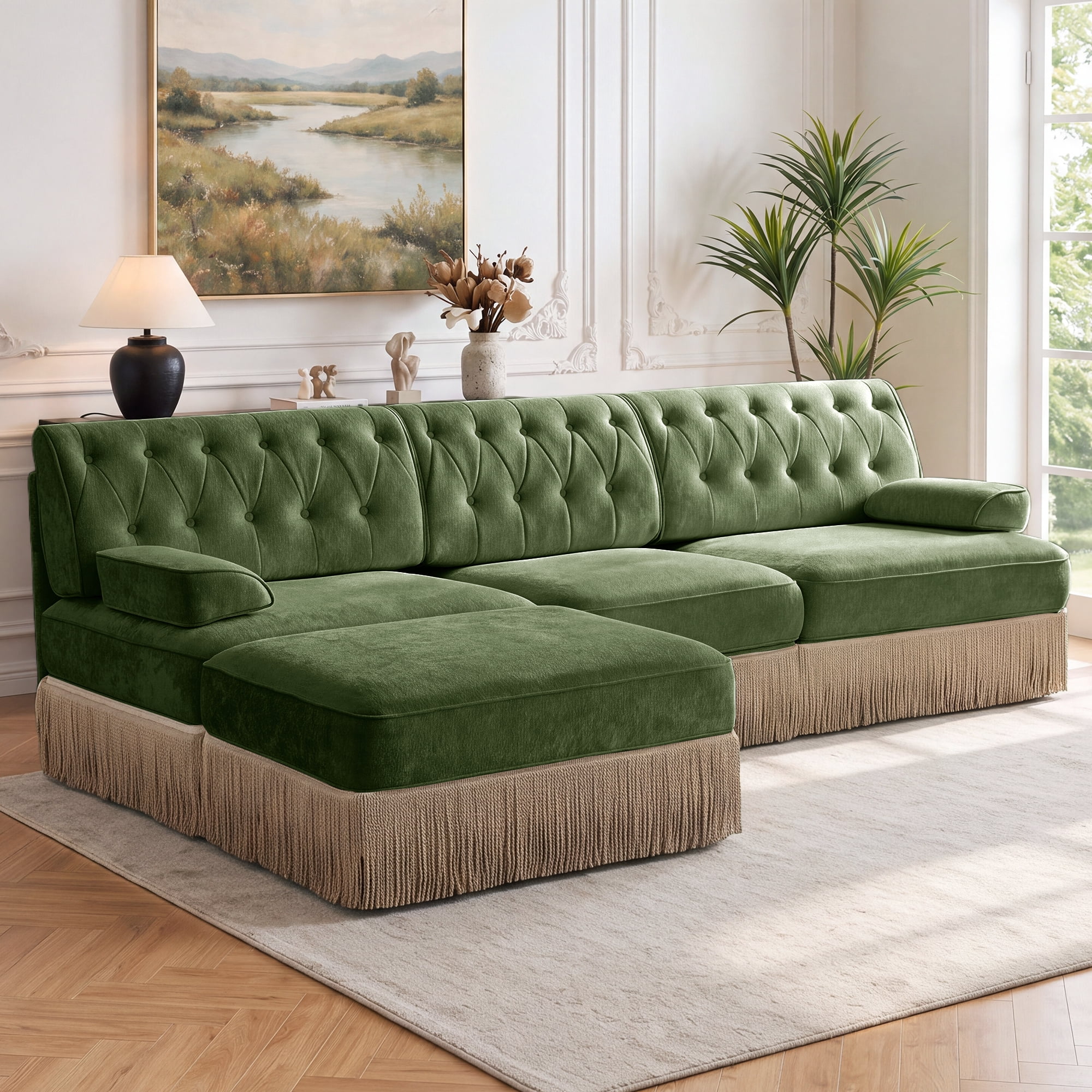 106" Chesterfield 3 Seater L-Shaped Modular Sectional Sofa Set with Ottoman and Tassel Skirt, Easy to Assemble
