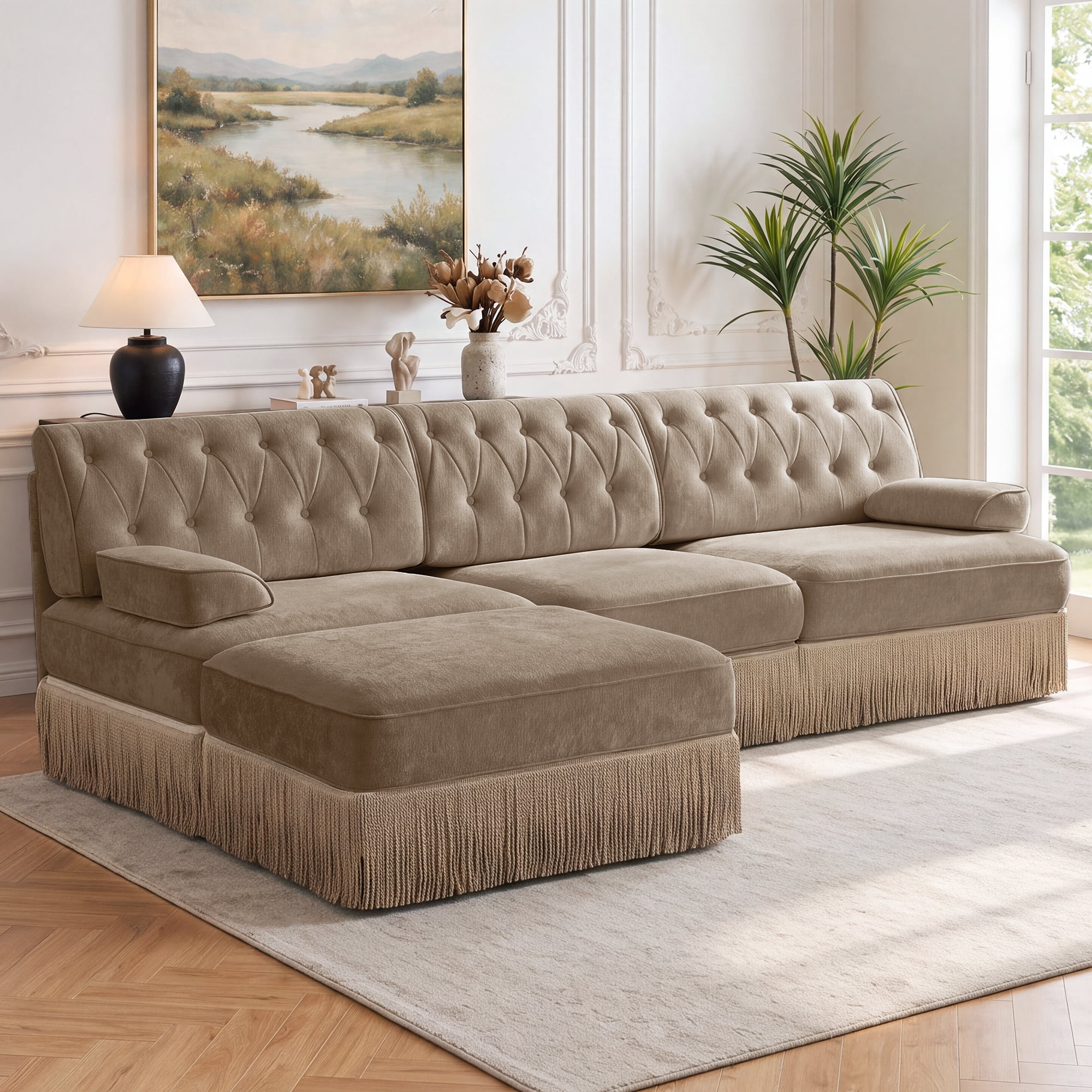 106" Chesterfield 3 Seater L-Shaped Modular Sectional Sofa Set with Ottoman and Tassel Skirt, Easy to Assemble