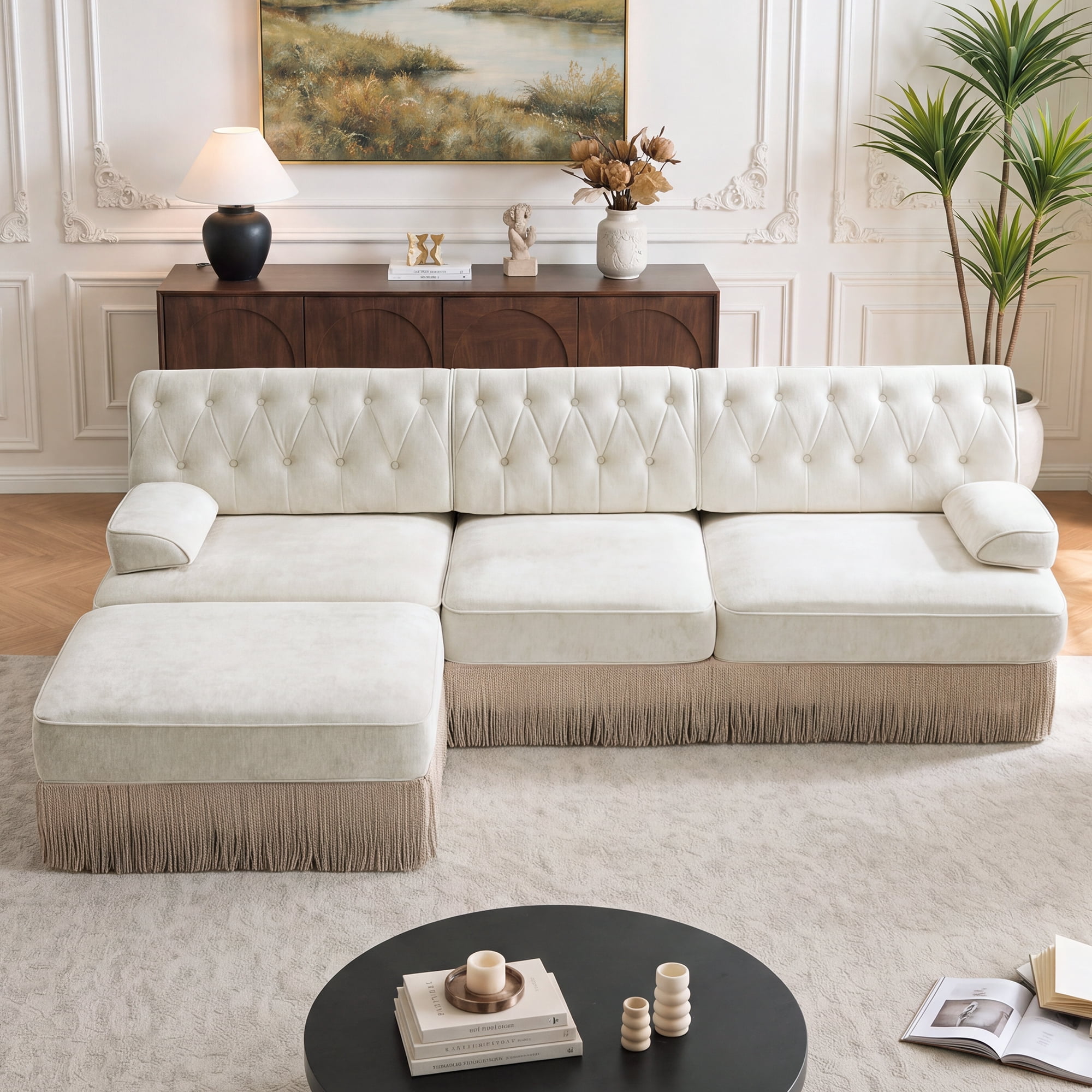106" Chesterfield 3 Seater L-Shaped Modular Sectional Sofa Set with Ottoman and Tassel Skirt, Easy to Assemble