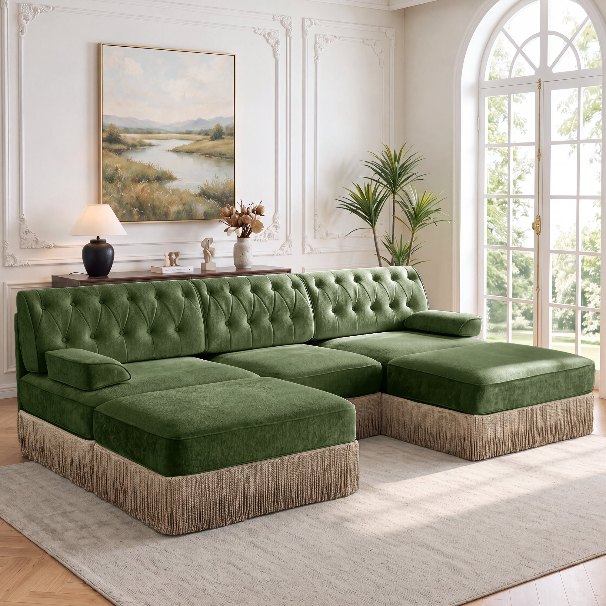106" Chesterfield 3 Seater U-Shaped Modular Sectional Sofa Set with 2 Ottoman and Tassel Skirt, Easy to Assemble