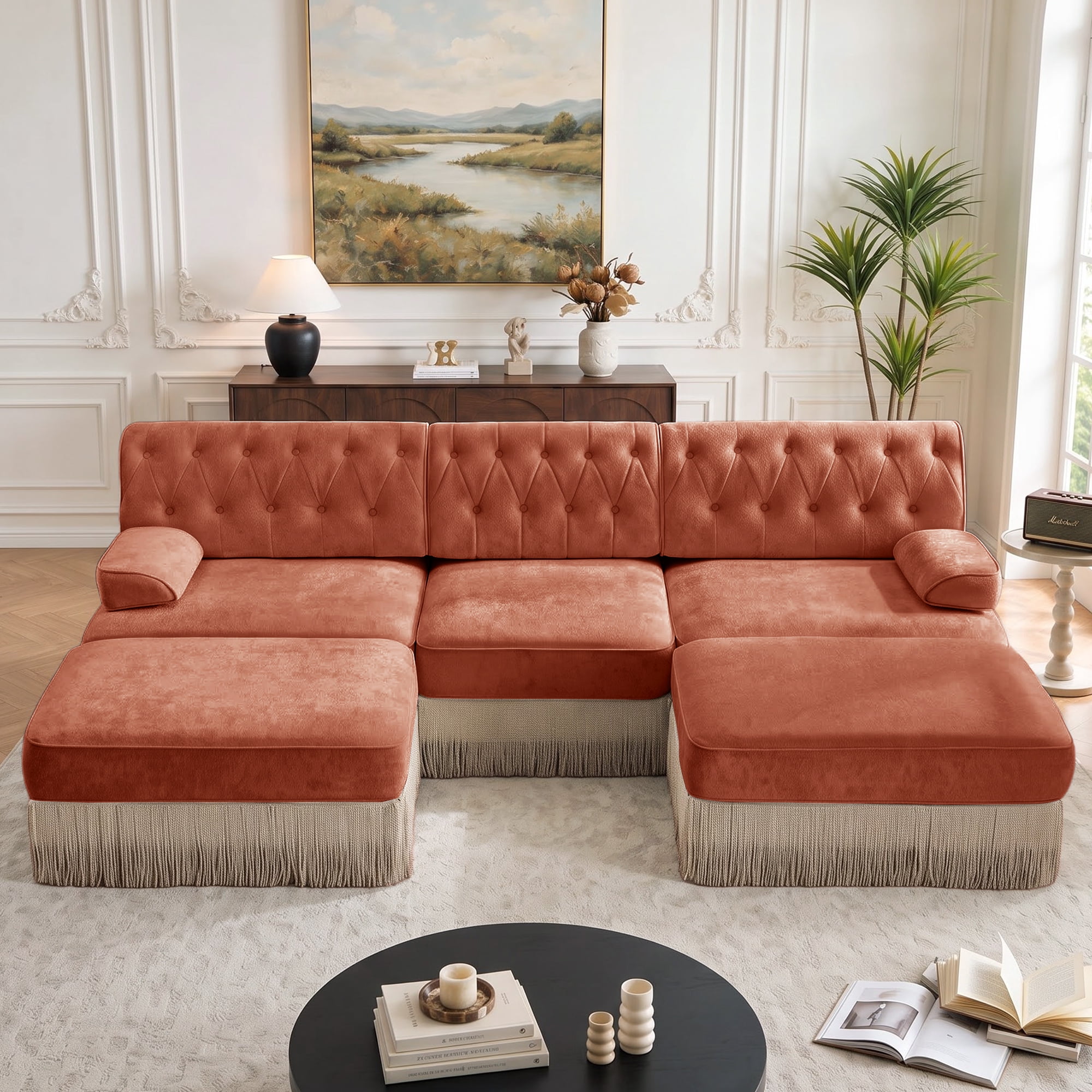 106" Chesterfield 3 Seater U-Shaped Modular Sectional Sofa Set with 2 Ottoman and Tassel Skirt, Easy to Assemble