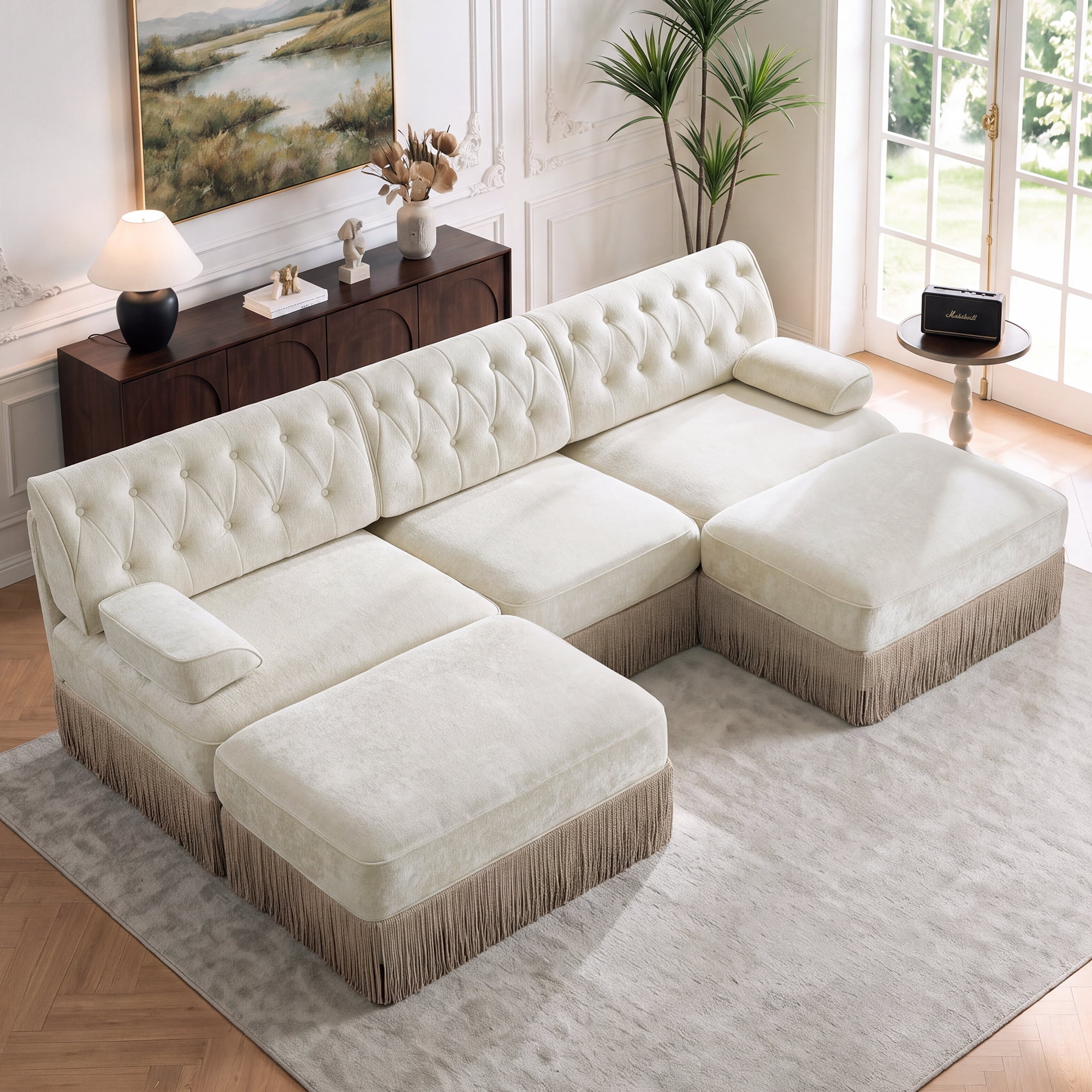 106" Chesterfield 3 Seater U-Shaped Modular Sectional Sofa Set with 2 Ottoman and Tassel Skirt, Easy to Assemble