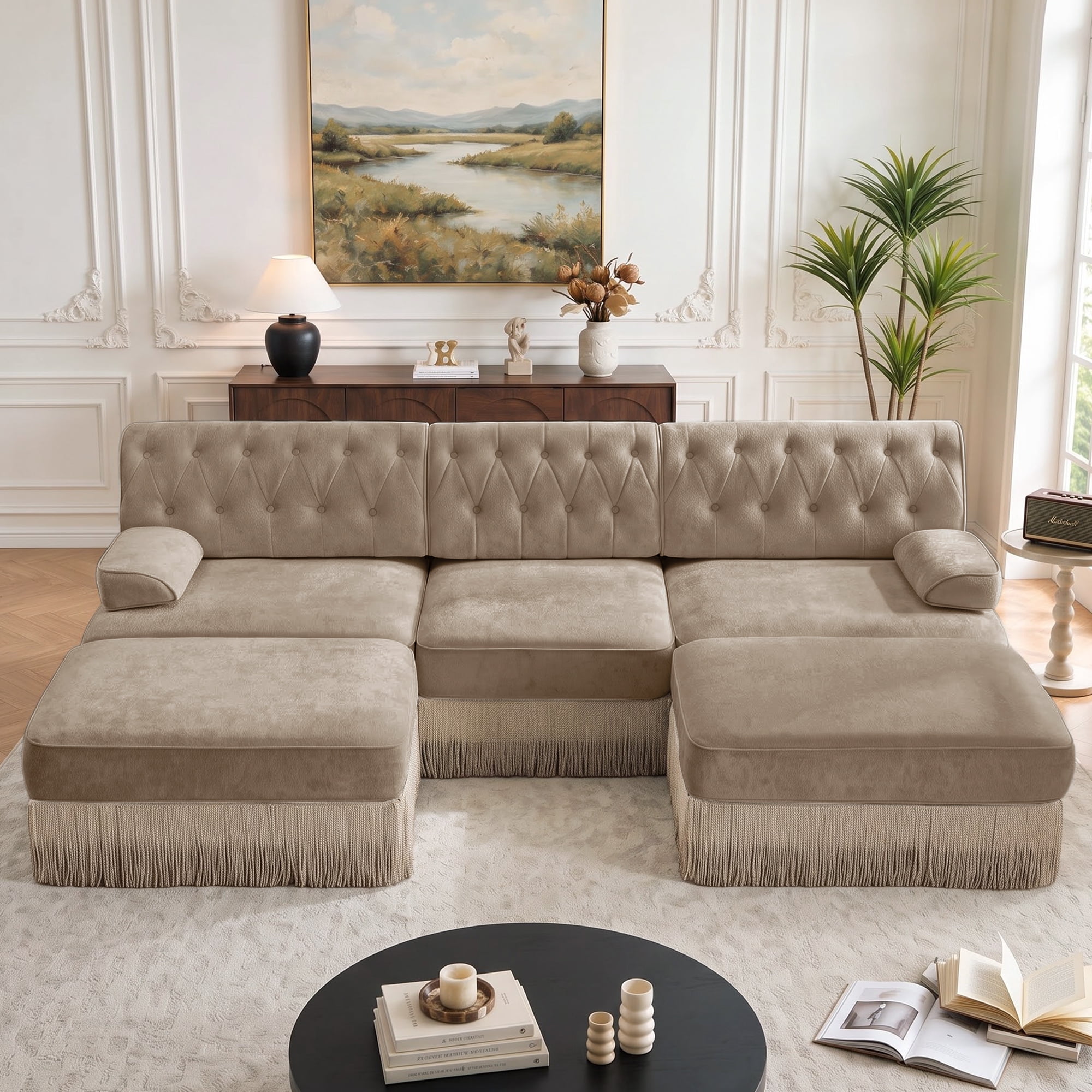 106" Chesterfield 3 Seater U-Shaped Modular Sectional Sofa Set with 2 Ottoman and Tassel Skirt, Easy to Assemble