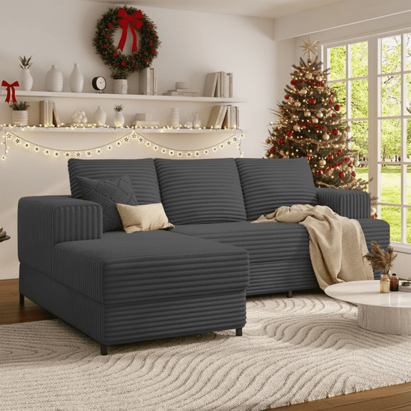 106" Cloud Modular Sectional Sofa with Left-Facing Chaise Lounge, No Assembly L-Shaped Couch, Iron Frame, Fluffy Corduroy Upholstery for Living Room, Bedroom, Office, Grey