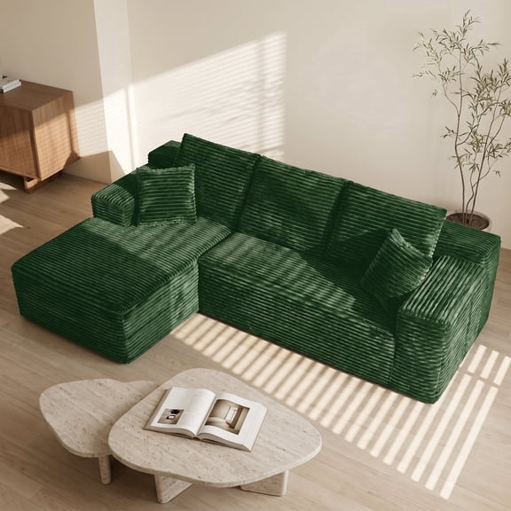 108" Cloud Sectional Couch, Compressed Modular Sectional Sofa with Deep Seat, 3-Seat Corduroy Boneless Couche, L-Shaped Sectional Couches for Living Room, Left Facing Chaise, Green