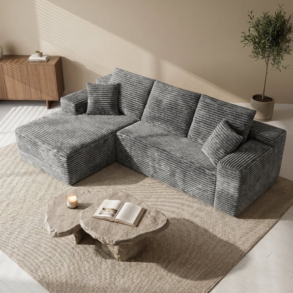108" Cloud Sectional Couch, Compressed Modular Sectional Sofa with Deep Seat, 3-Seat Corduroy Boneless Couche, L-Shaped Sectional Couches for Living Room, Left Facing Chaise, Grey