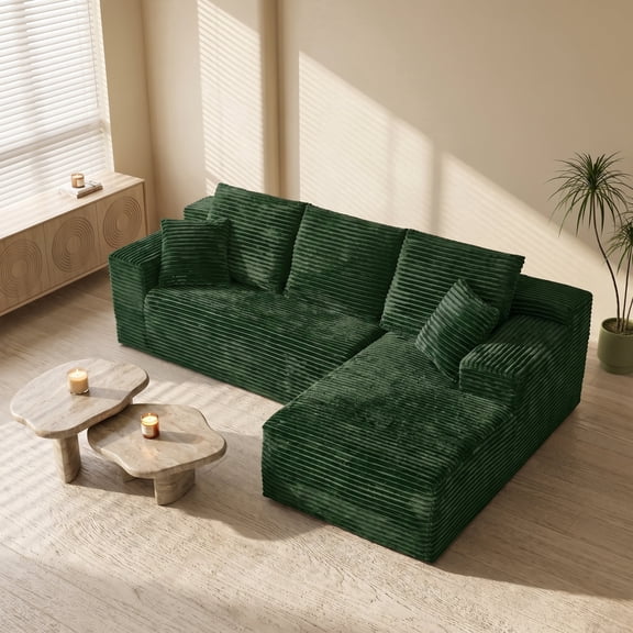 106” Cloud Sectional Couch, Compressed Modular Sectional Sofa with Deep Seat, 3-Seat Corduroy Boneless Couche, L-Shaped Sectional Couches for Living Room, Right Facing Chaise, Green